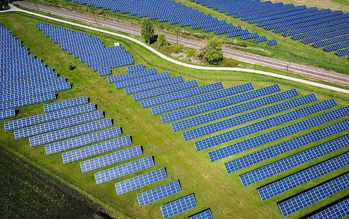 Birdseye view of solar panels in a field